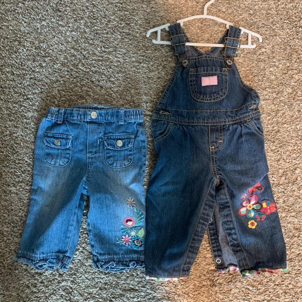 OshKosh Denim Overalls & Cherokee Baby Jeans both with Floral Embroidery